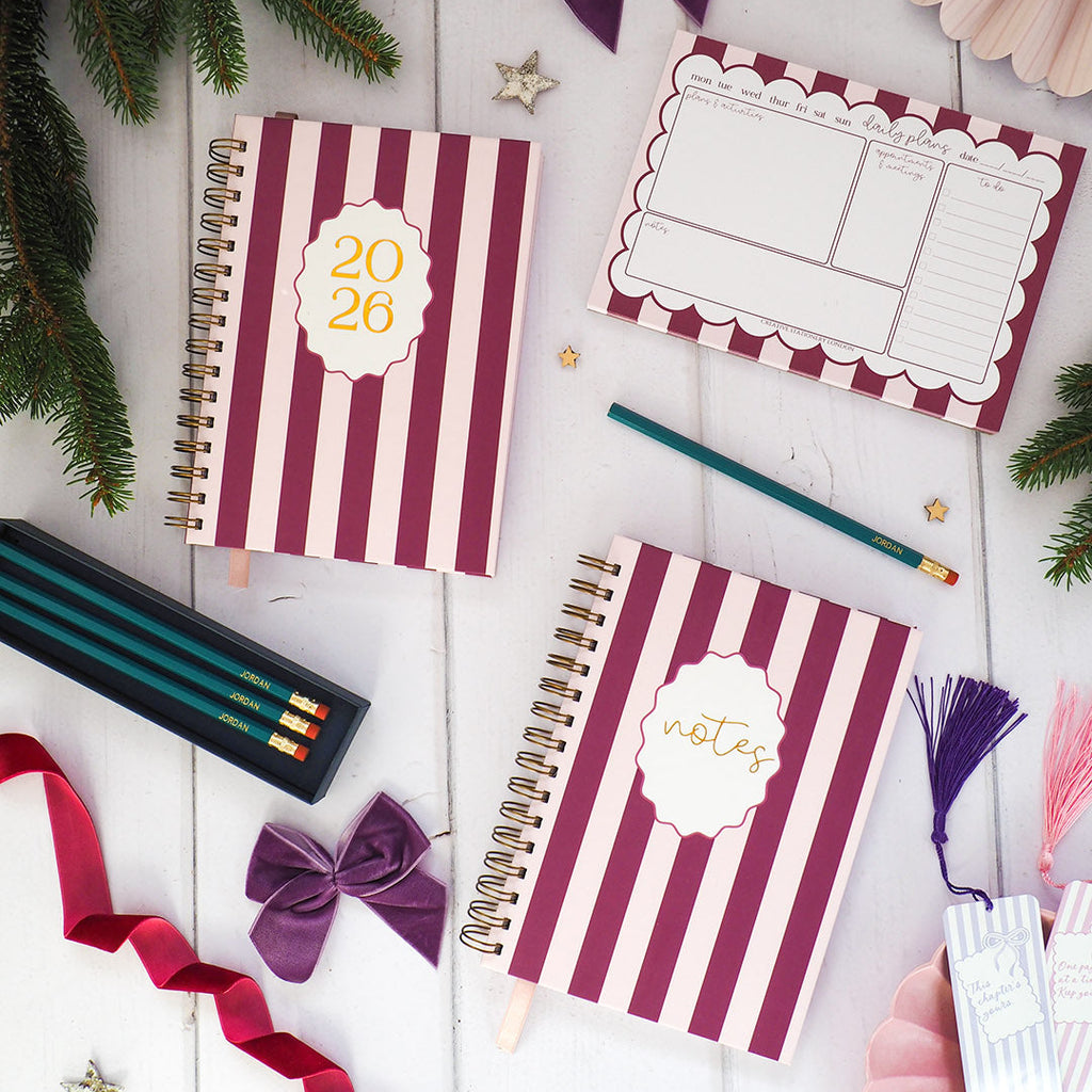 Two spiral-bound notebooks with striped design on a white surface with decorative items.