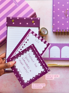 A hand holds a set of purple and pink polka dot memopad with scalloped edges. The set includes a list card reading 'Perfect for quick reminding a short notes'.
