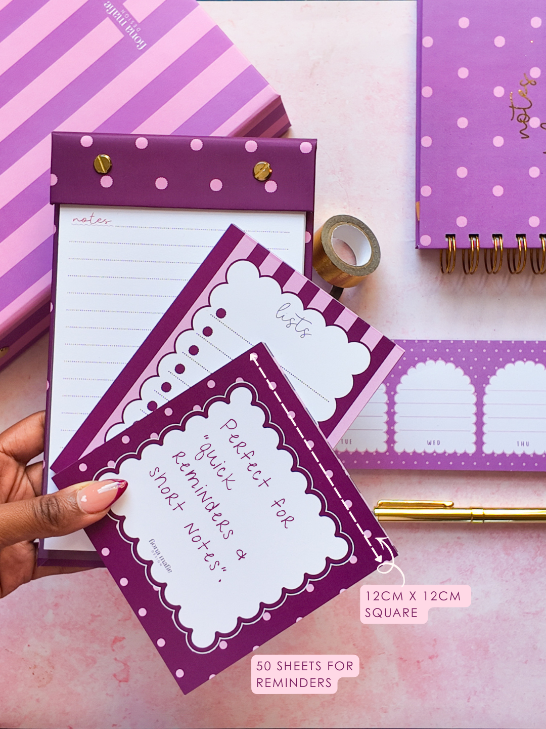 A hand holds a set of purple and pink polka dot memopad with scalloped edges. The set includes a list card reading 'Perfect for quick reminding a short notes'.